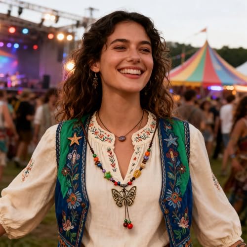 Boho Necklace for Women,Vintage Butterfly Pendant Necklaces,Adjustable Wooden Beads Layered Braided Choker,Fashion Tribal Style Leather Rope Necklace Jewelry,Chunky Statement Gift for Women - color: Colorful6