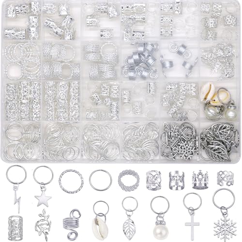 260pcs Silver Hair Jewelry for Braids Dreadlock Locs,17 Styles Metal Hair Accessories for Women Adjustable Hair Charms Cuffs Coils Beads Rings Braiding Decoration - color: Silver-260pcs
