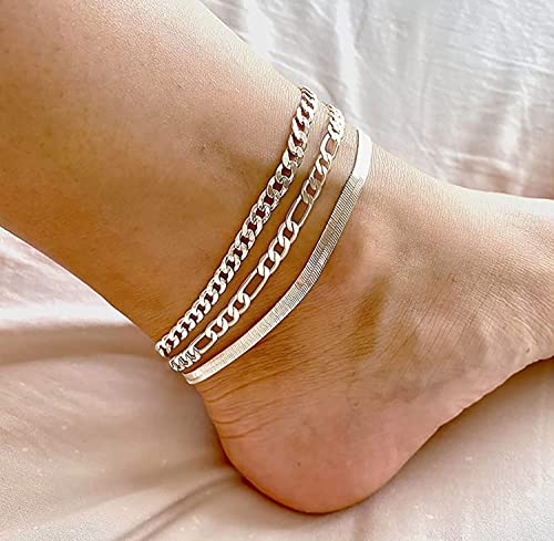 DEARMAY 14K Gold Plated Ankle Bracelets for Women Waterproof - Dainty 6Pcs Anklets Layered Cuban Link Chain Herringbone Cute Anklets Set Pack Summer Beach Jewelry Gift for Women Teen - color: Silver Anklet B