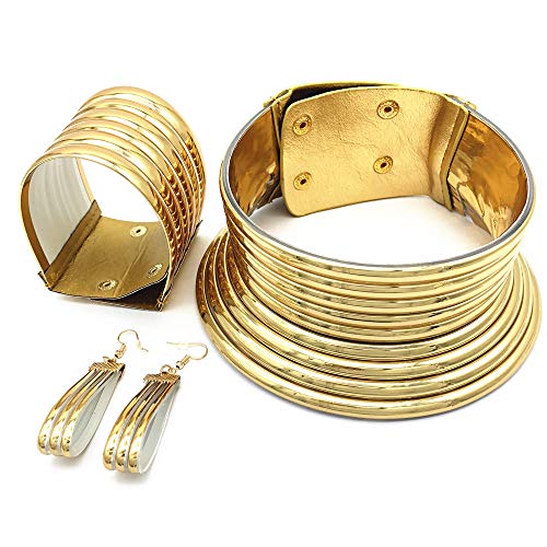 COLORFUL BLING Tribal African National Choker Necklace Snap Leather Chunky Large Punk Gothic Collar Flamboyant Earrings Bracelet Jewelry Set for Women Costume Accessories - style: 3pcs Gold A