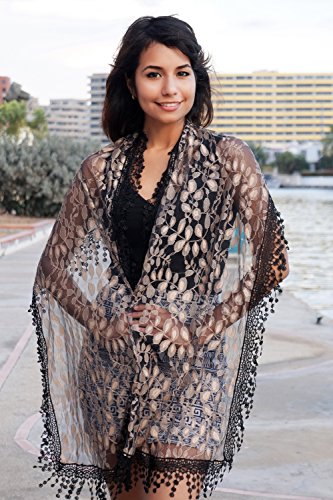 Cindy & Wendy Lightweight Soft Leaf Lace Fringe Scarf Bridal Shawl for Women - color: Black & Coffee