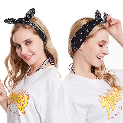 6 Pack Elastic Women Bandana Headbands boho Rabbit Ear Headwrap Bow Headbands Bandana hair bandanas for women (6 Colors Flower Printed Hairband) - color: 6 Colors Flower Printed Hairband