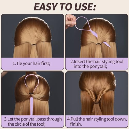 Teenitor 4pcs Pony Tail Hair Tools: 2 Pairs Pony Styling Loop, Pull Through & French Braiding Accessories for Women & Girls - Light Purple/White - color: Light Purple/White