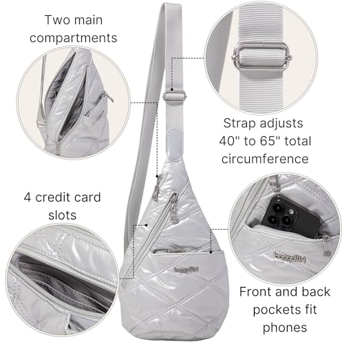 Baggallini Mini Sling - 12x7 Sling Crossbody Bag Backpack with Adjustable Shoulder Strap - color: Silver Metallic Quilt