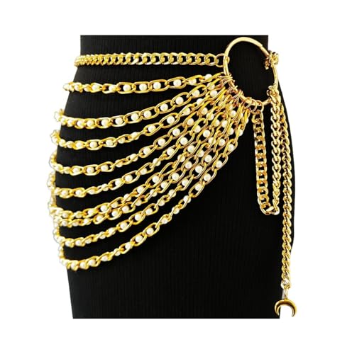 THREEBOY Women Apparel Belts Fashion Sexy Multilayer Metal Pearl Waist Chain Belt - color: Gold Pearls