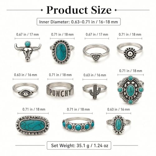 Turquoise Stackable Rings for Women, Adjustable Boho Jewelry Set, Vintage Fashion Accessories