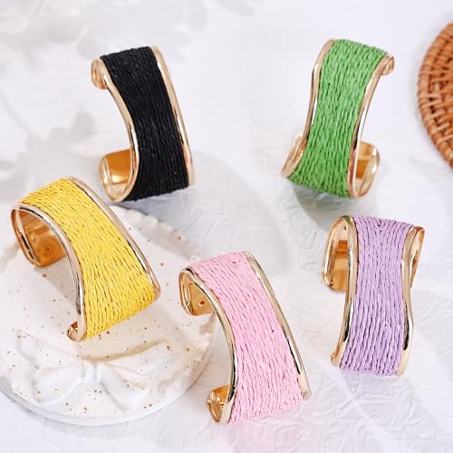 Raffia Colorful Chunky Cuff Bracelet For Women Statement Irregular Wave Vacation Tropical Beachy Spring Summer Wide Open Bangle Handmade Boho Costume Jewelry Accessories - color: green