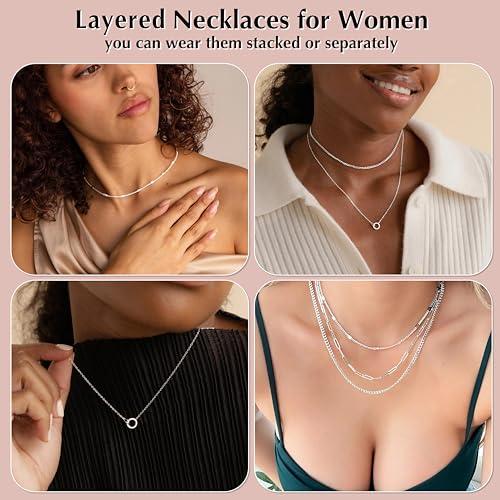 WomenGifts Layered Gold Necklaces for Women, 14K Gold Sterling Silver Plated Dainty Pendant Necklace Set Non Tarnish, Chunky Stackable Cuban Chain Choker, Trendy Birthstone Vacation Jewelry Gift - color: Silver, style: Double Circle