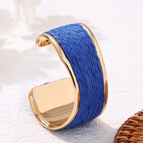 Raffia Colorful Chunky Cuff Bracelet For Women Statement Irregular Wave Vacation Tropical Beachy Spring Summer Wide Open Bangle Handmade Boho Costume Jewelry Accessories - color: Dark Dlue