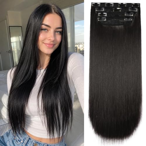Straight Hair Extensions Dark brown-black Clip in Extensions Soft for Women 20 Inch Thick Clip In (4pcs, 20Inch, 2#) - color: 2# - Dark Brown-Black