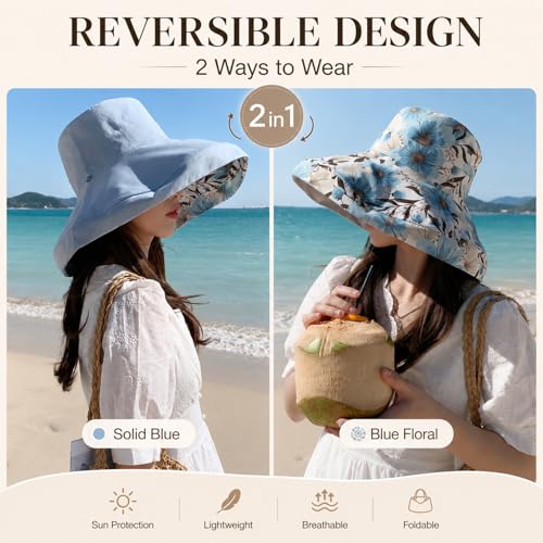 HUAMULAN Women Summer Sun Hat Wide Brim Wired Edge Floral Beach Bucket Hats Reversible Foldable Travel UV Protection Lady Hat - color: M2320-blue