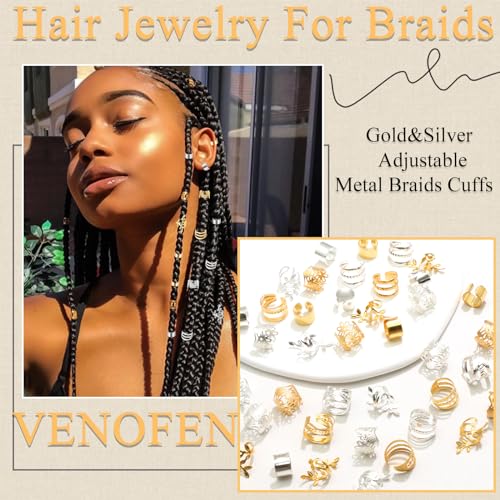 40PCS Hair Jewelry for Braids Gold&Silver Hair Cuffs Adjustable Braid Jewelry Non-Piercing Ear Clips Multi Style Loc Dreadlock Accessories for Women and Girls - color: Gold&Silver