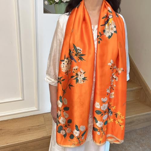 Long Silk Like Scarf Lightweight Satin Scarves Large Sunscreen Shawl Wrap for Women - color: 024.birds and Flowers Orange