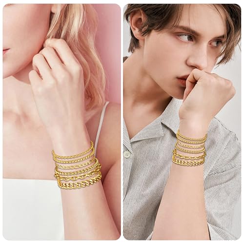 6PCS Stainless Steel Bracelets for Men Women, Silver Gold Black Cuban Link Rope Box Wheat Chain Paperclip Figaro Jewelry Set, 7/8/9 Inches - color: Gold, size: 8 inches