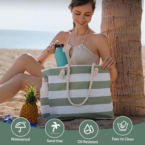 Clothirily Beach Bag for Women - Large Beach Tote Bag, Waterproof Sandproof Beach Bag with Zipper, Large Swim Pool Beach Tote - color: Green