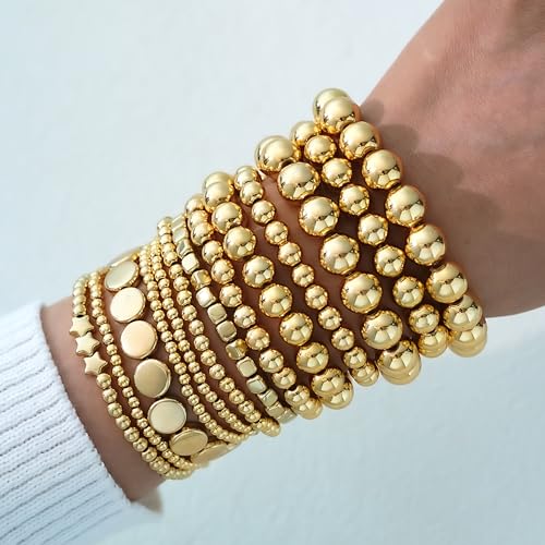 ÌF ME 16 PCS Gold Bead Bracelet for Women, Gold Beaded Stretch Plated Stackable Strand Bead Ball Bracelets stack Adjustable Jewelry Set for Gifts - color: 13 PCS Gold