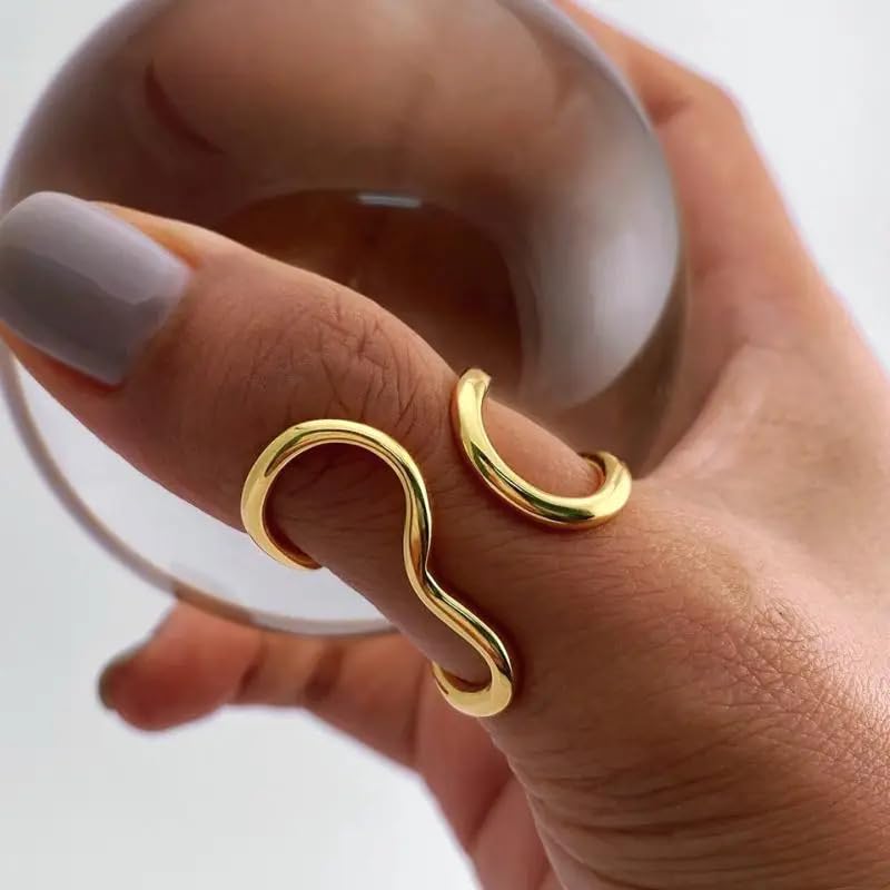 Thumb Rings for Women Chunky Gold Rings for Women Non Tarnish Stainless Steel Adjustable Rings Thumb Silver Ring Wave Curve Ring Dainty Unique Rings - style: 1 - gold