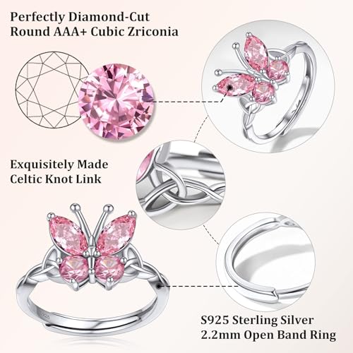 Bestyle 925 Sterling Silver Butterfly Ring Hypoallergnic Adjustable Birthstone Rings for Women Butterfly Jewelry Gifts for Anniversary Mothers' Day Birthday - color: 10.October (Rose Quartz)-Ring