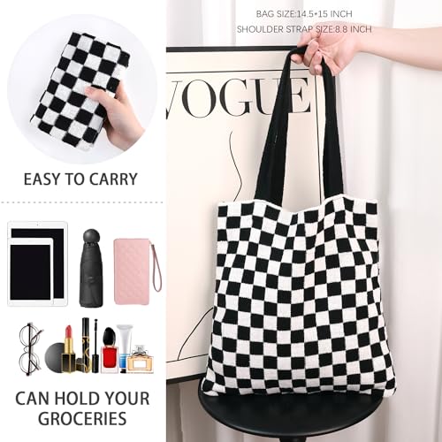 Ayieyill Crochet Tote Bag For Women, Crochet Mesh Beach Tote Bag Summer Vacation Aesthetic Boho Knit Bag for Women - color: N/Black Check
