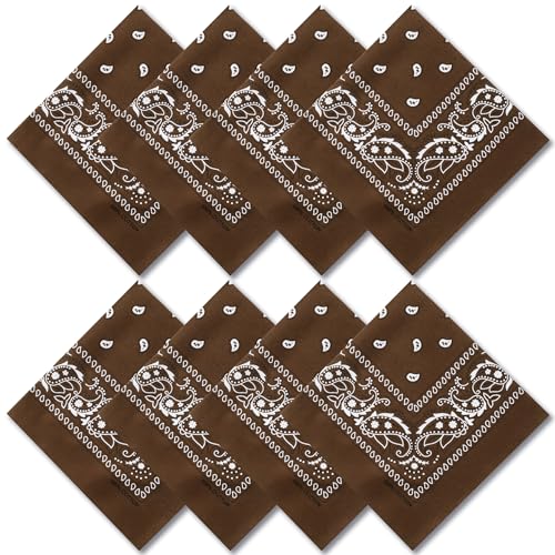Raylarnia 8 PCS 100% Cotton Bandanas, 22 Inchs Multi-Purpose Bandana Scarfs Headbands for Men and Women - color: 8- Brown