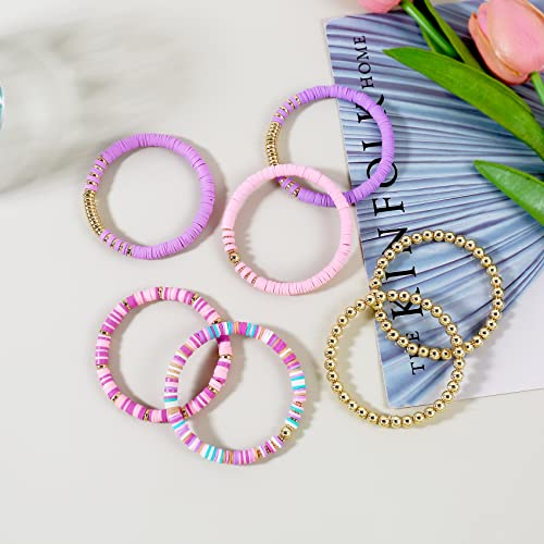 Elegance 11 designs Heishi Beaded Bracelets For Women Polymer Clay Colorful Surfer Stackable Beads Boho Bracelet Summer Beach Jewelry - color: Purple