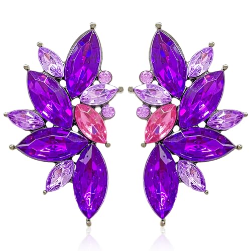 Bohemian Statement Sparkly Colourful Fancy Rhinestone Crystal Flower Dangle Drop Stud Earrings Vintage Wedding Bridal Prom Earrings for Women - color: Purple Pink