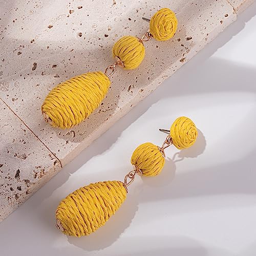 Boho Raffia Earrings Statement Dangle Earrings Cute Teardrop Ball Earrings Colorful Summer Jewelry Handmade Rattan Earrings for Women - color: Yellow