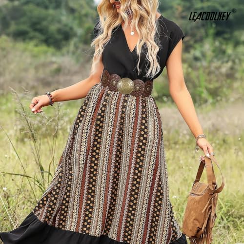 LEACOOLKEY Women's Boho Disc Belt Wide Western Leather Belt Vintage Concho Waist Belts for Dress Jeans - color: A-brown, size: Fits 34"–39" (Waist/Hips), style: Style a
