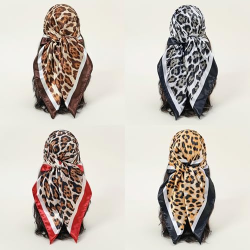 Ciormis 35" Silk Head Scarf for Women, 4 Pcs Satin Hair Scarf Square Silk Bandana Top Neck Scarves Hair Wraps for Sleeping - color: H1-leopard-set11