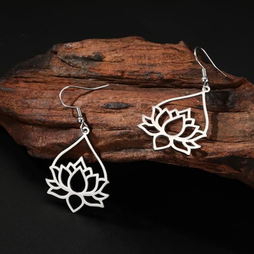 TEAMER Stainless Steel Lotus Flower Dangle Earrings Bohemian Drop Earring Unique Geometric Jewelry for Women - color: Lotus 7-Steel Color