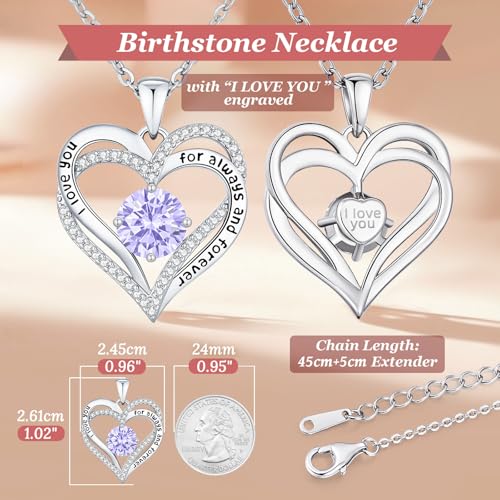 CDE Engraved Forever Love Heart Birthstone Necklace Jewelry Gifts for Women | Hypoallergenic,Nickel-Free & Lead-Free,3 x 3 mm 5A CZ Heart Pendant,Anniversary Christmas Birthday Gift for Girlfriend Wife - color: Birthstone-06-June, style: Rhodium Plated-Br