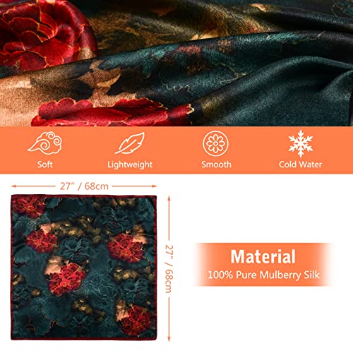 Stlvoll 100% Silk Head Scarf for Women - 27" Hair Scarves Satin Bandanas Square for Night Sleeping with Gift Packed - color: Flower (Red + Cyan)
