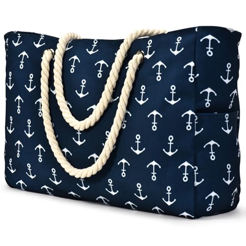 Becokan Beach Bag Large Beach Tote Bag for Women Waterproof Sandproof Swim Pool Bag With Zipper - color: Anchor