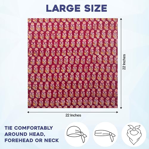 AVKA Studio 100% Cotton Bandanas for Women & Men, 2 Pack 20x20 Inch, 22x22 inch Hand Printed, Lightweight Cotton Handkerchief - color: Burgundy, size: 22 x 22 Inches Large