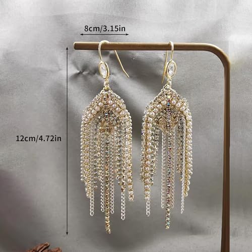 Gold Chandelier Earrings for Women Pearl Rhinestone Fringe Long Tassel Earrings for Women Sparkly Rhinestone Jewelry for Wedding Party Accessories