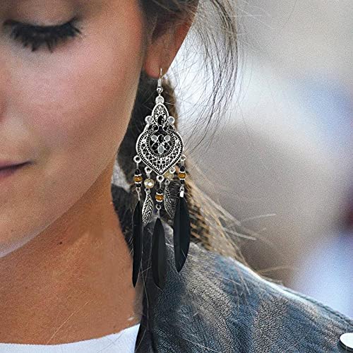 Bohemian Earrings Feather Tassel Silver Ethnic Retro Boho Dangle Earring Bead Women Jewelry for Birthday Party Gifts (Black) - color: Black