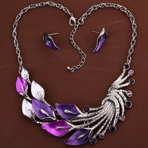 YAZILIND Ethnic Style Tibetan Silver Peacock Crystal Chunky Bib Earrings Necklace Set Wedding Party - color: Purple