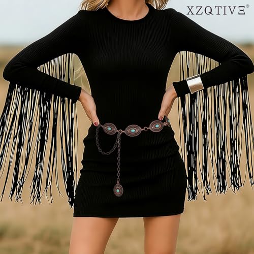 XZQTIVE Women Boho Chain Belts For Dresses Jeans Western Cowgirl Waist Links Belt Adjustable Metal Concho Belt - size: Fit Waist upto 36inches, style: Red Bronze