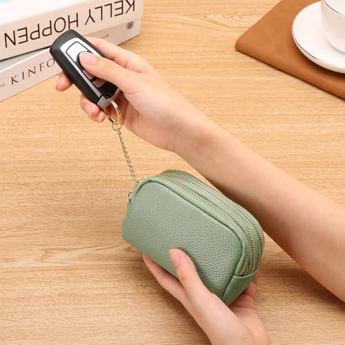 SENDEFN Small Coin Purse Leather 3 Zippered Change Pouch Wallet with Key Ring for Women - color: 1-Green