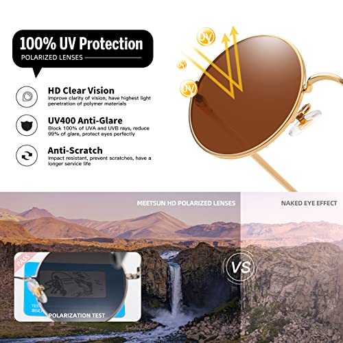 MEETSUN Small Round Polarized Sunglasses for Men Women Metal Retro Hippie Circle Sun Glasses Driving Festival Cosplay UV400 - color: Black / Gray + Gold / Brown