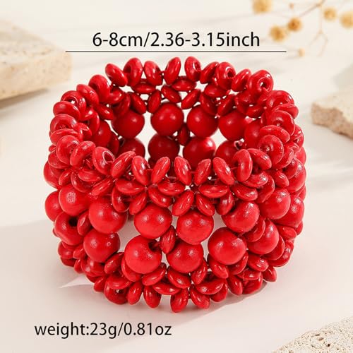 Boho Wide Chunky Colorful Wooden Thick Shell Elastic Stretch Bracelet Handmade Bohemia Summer Beach Vacation Adjustable Lightweight Wood Wristband Jewelry for Women - color: red