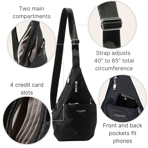 Baggallini Mini Sling - 12x7 Sling Crossbody Bag Backpack with Adjustable Shoulder Strap - color: Black Cheetah Emboss