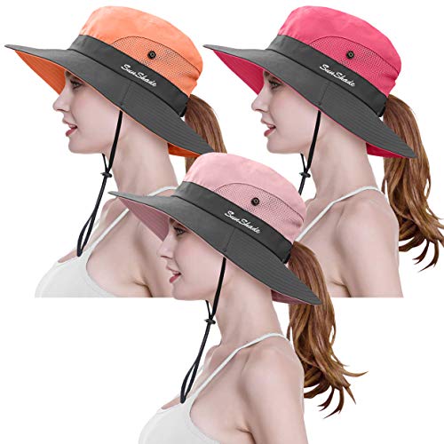 3 Pieces Womens Ponytail Wide Brim Sun Hat Packable UV Protection Beach Cap for Fishing & Hiking - color: Watermelon Red＆pink＆orange