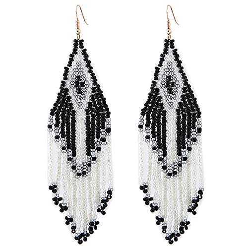 Bohemian Long Rice Beaded Tassel Earrings,Boho Native Handmade Woven Seed Bead Drop Dangle Earrings Statement Jewelry for Women Summer Holiday - color: Black