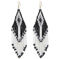 Bohemian Long Rice Beaded Tassel Earrings,Boho Native Handmade Woven Seed Bead Drop Dangle Earrings Statement Jewelry for Women Summer Holiday - color: Black