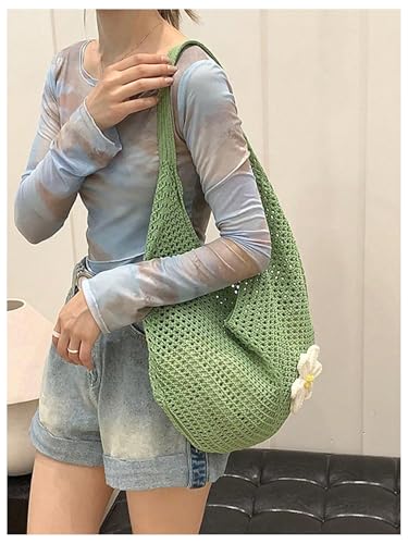 OYOANGLE Women's Floral Applique Crochet Beach Tote Bag Summer Boho Mesh Woven Tote Bag - color: Green