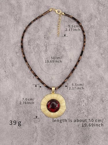 GelConnie Leather Necklace for Women Round Wooden Pendant Long Leather Choker Vintage Sweater Necklace Gold Chunky Boho Necklaces for Women - style: Chunky Gold Boho Necklace