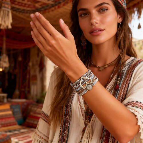 Long tiantian Leather Bracelets for Women Warp Bracelet Stackable Boho Layered Bracelet Chunky Heart Trendy Birthday Gifts for Her - color: B25:2 Layered Bracelets Set for Women(Silver)