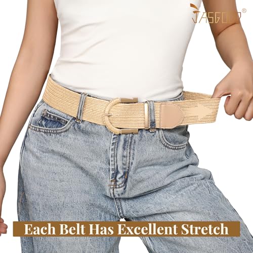 JASGOOD Straw Woven Belt for Women Dresses Boho Elastic Braided Belt Rattan Raffia Belts Ladies Wide Belt,1.97" Width - color: B-beige, size: Fit waist size 35"-40"