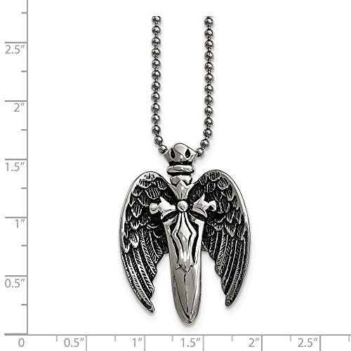 Solid Stainless Steel Polished w/Brushed Back Antiqued Winged Sword Necklace
